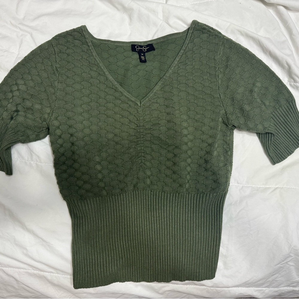 Jessica Simpson Green V-Neck Cable Knit Sweater